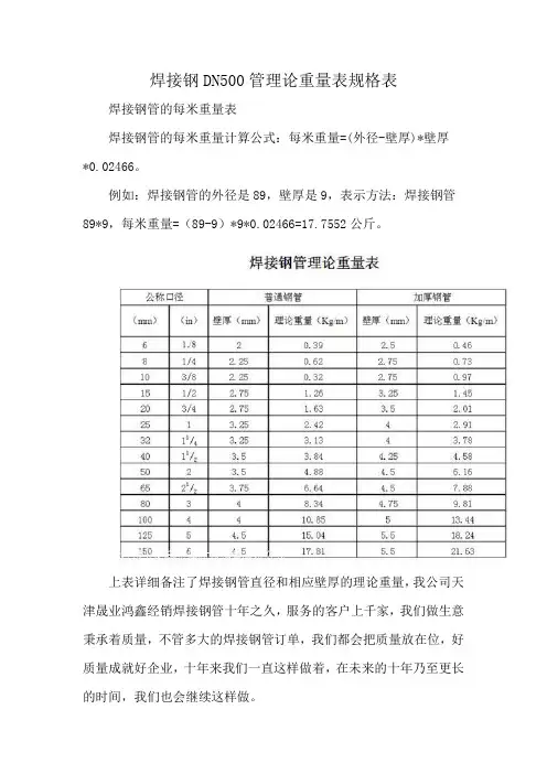 焊接钢DN500管理论重量表规格表