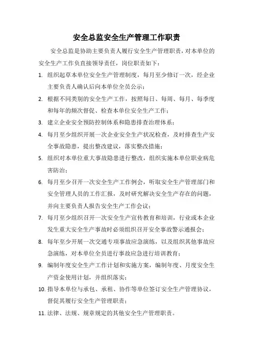 安全总监安全生产管理工作职责