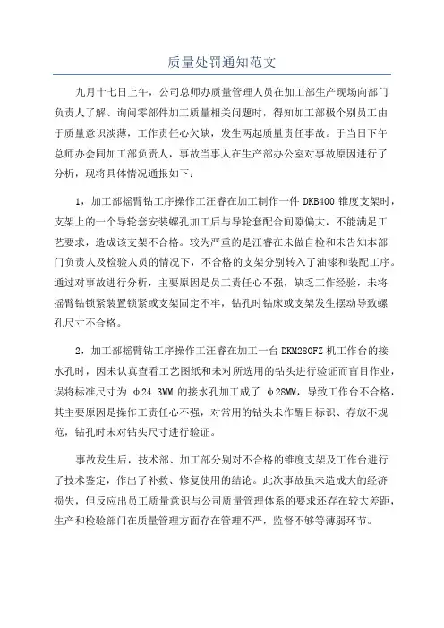 质量处罚通知范文