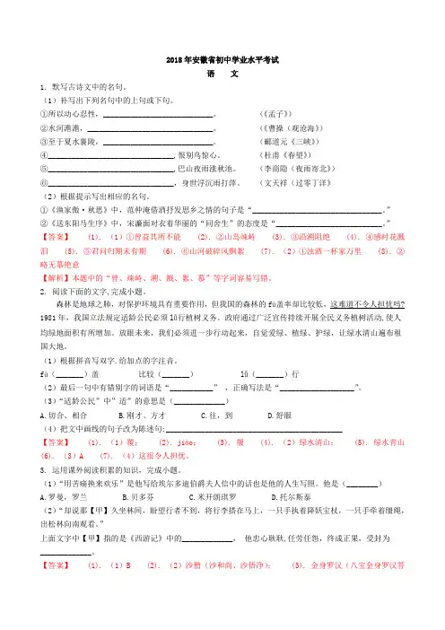2018年安徽省初中学业水平考试语文试题及答案详解