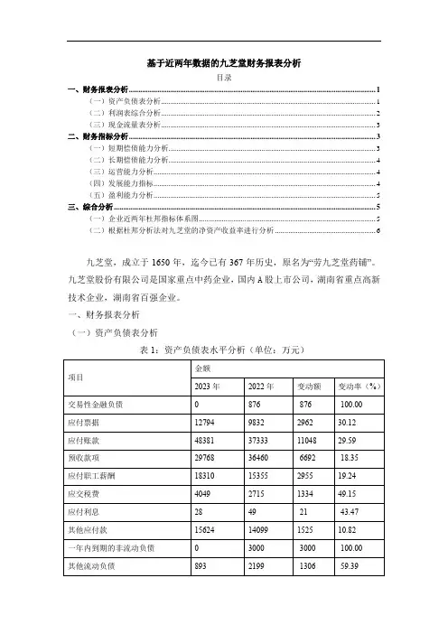 《基于近两年数据的九芝堂财务报表分析2100字》