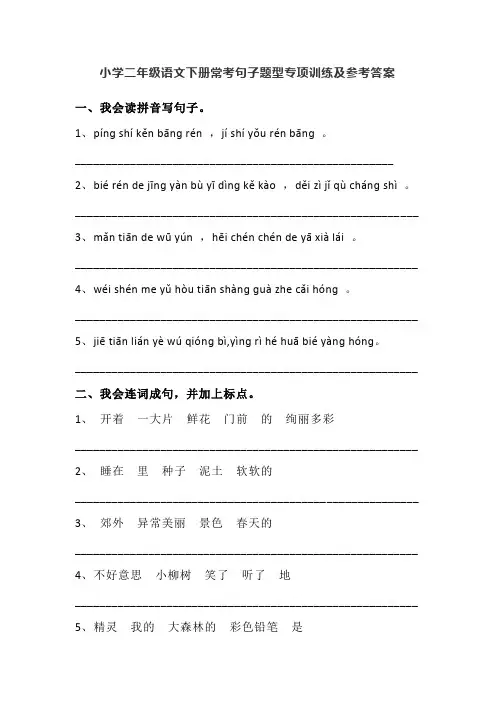二年级下册语文最难考题：句子,名师精编练习卷,附答案