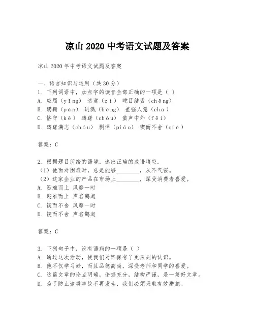凉山2020中考语文试题及答案