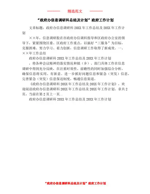 “政府办信息调研科总结及计划”政府工作计划