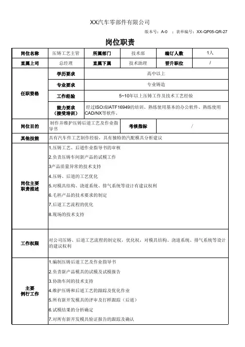 压铸工艺主管岗位职责