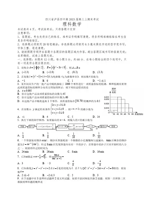 四川省泸县第四中学2022-2023学年高三上学期期末考试数学(理)试题含答案