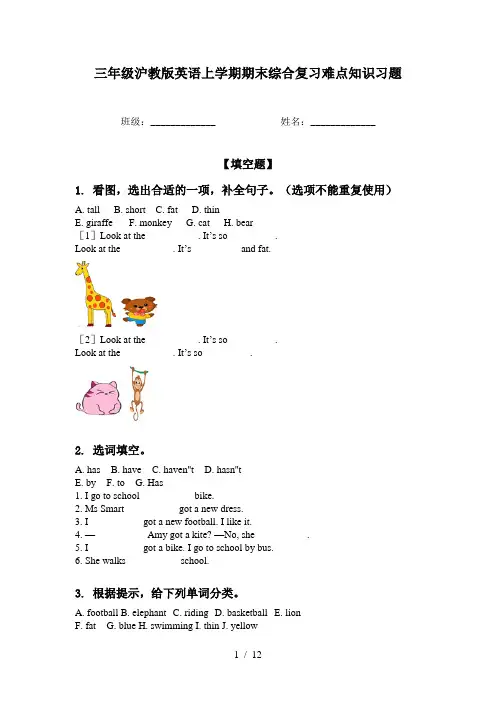 三年级沪教版英语上学期期末综合复习难点知识习题