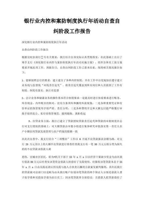 银行业内控和案防制度执行年活动自查自纠阶段工作报告