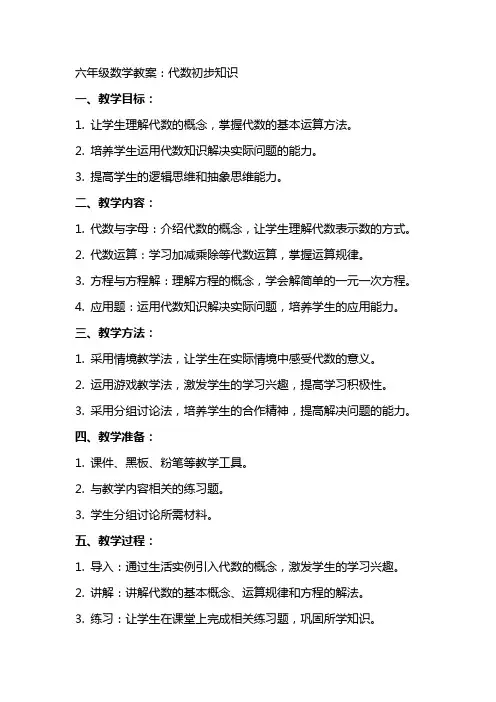 六年级数学教案：代数初步知识
