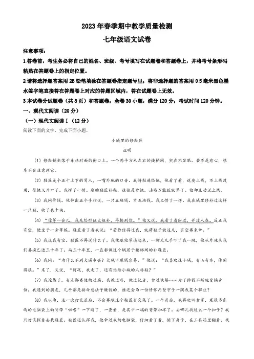 咸宁市嘉鱼县2022-2023学年七年级下学期期中语文试题
