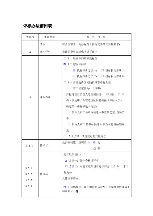 评标办法前附表