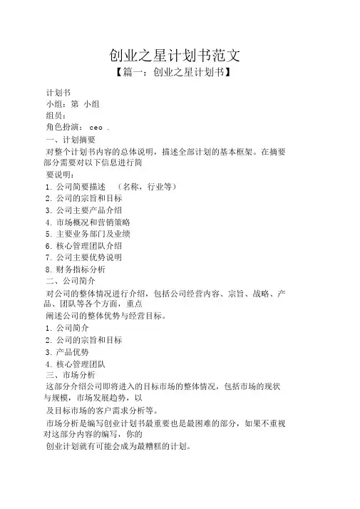 工作计划之创业之星计划书范文