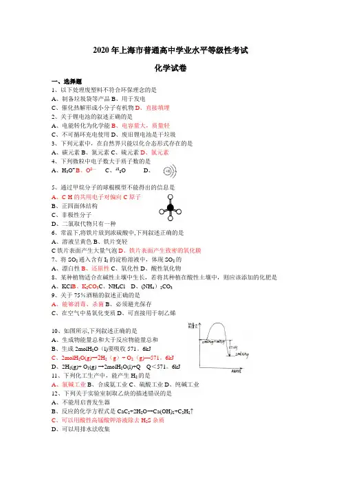 2020年上海市高中学业水平考化学等级考试卷