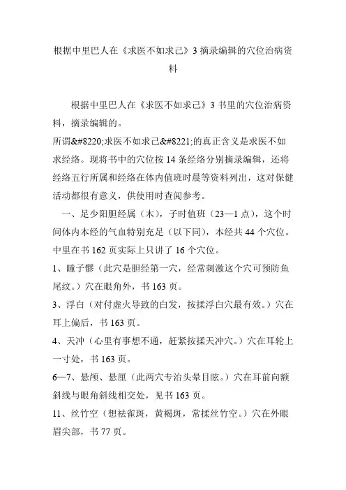 根据中里巴人在《求医不如求己》3摘录编辑的穴位治病资料
