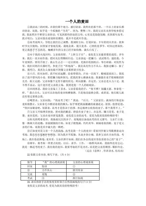 一个人的麦田(2018湖南长沙中考语文记叙文阅读)