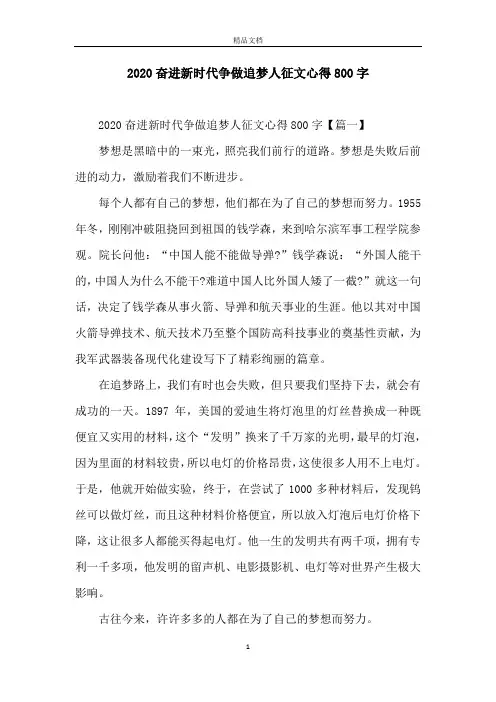 2020奋进新时代争做追梦人征文心得800字
