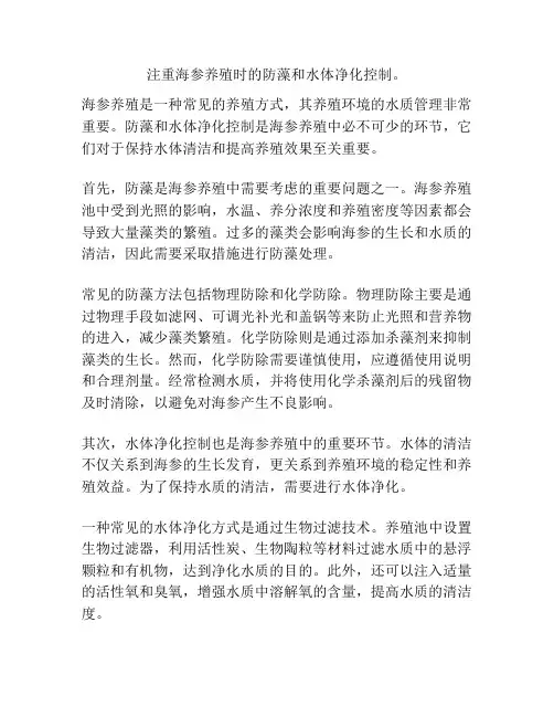 注重海参养殖时的防藻和水体净化控制。
