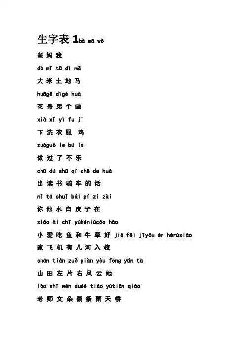 人教版小学一年级语文上册生字表(含拼音)