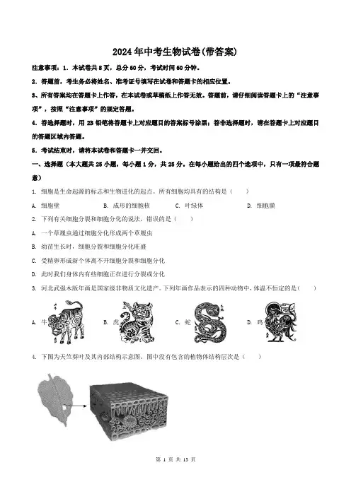 2024年中考生物试卷(带答案)