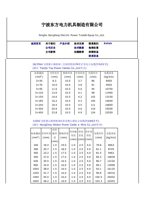 10kV、35kV、110kV电缆重量