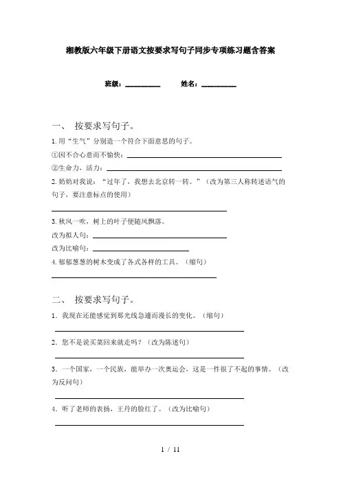 湘教版六年级下册语文按要求写句子同步专项练习题含答案