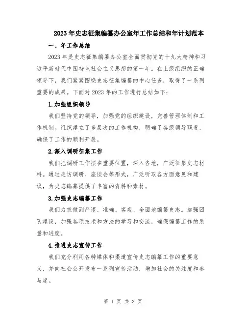2023年史志征集编纂办公室年工作总结和年计划范本