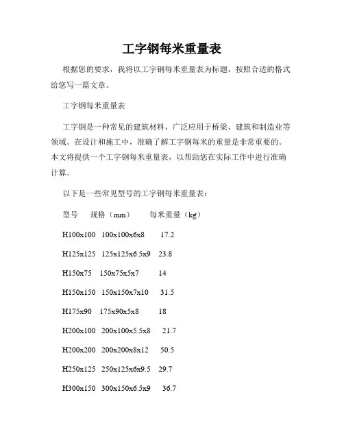 工字钢每米重量表