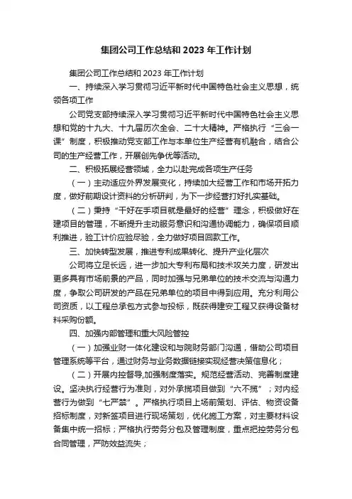 集团公司工作总结和2023年工作计划