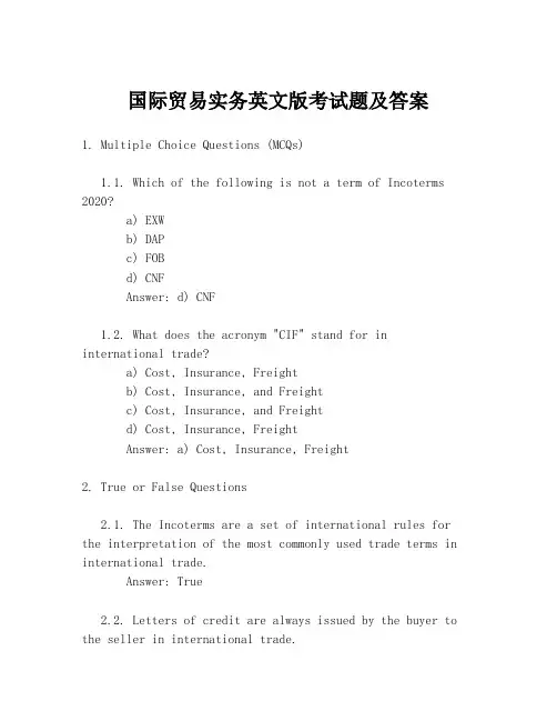 国际贸易实务英文版考试题及答案