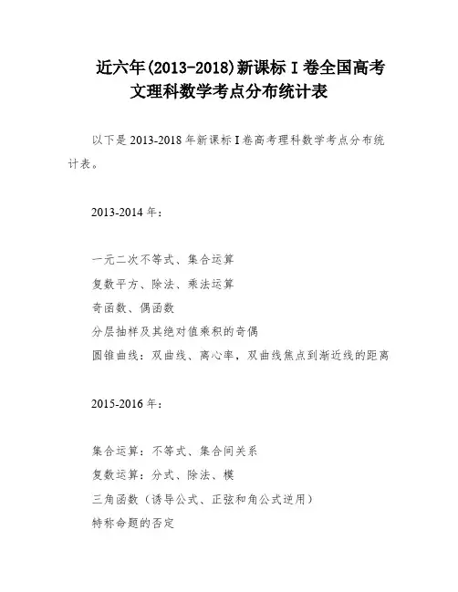 近六年(2013-2018)新课标I卷全国高考文理科数学考点分布统计表