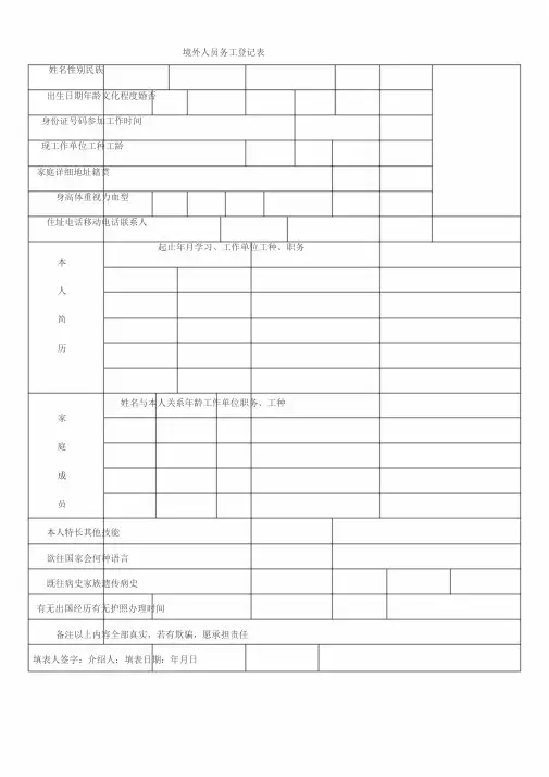 境外人员务工登记表