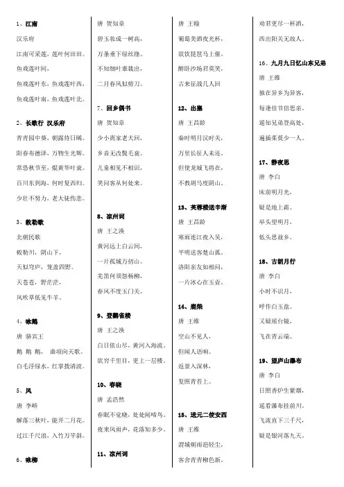 语文新课程标准必背古诗75首