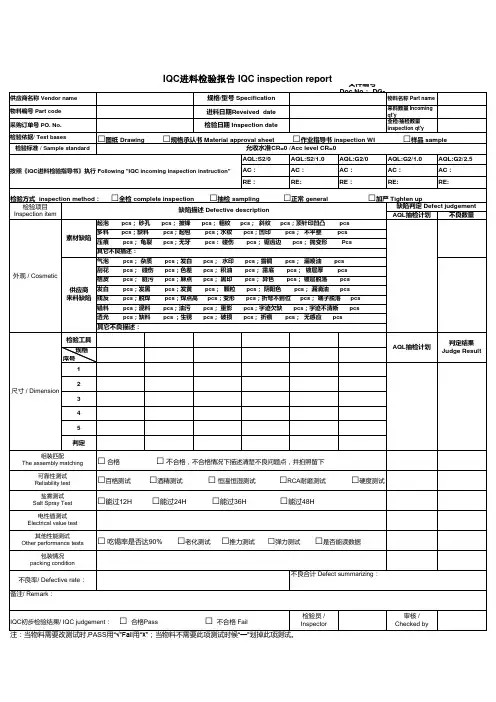 IQC进料检验报告