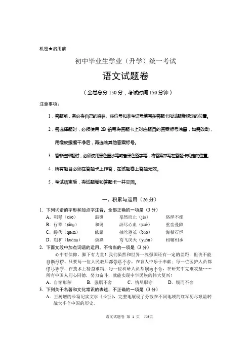 初中毕业生学业(升学)语文统一考试试卷