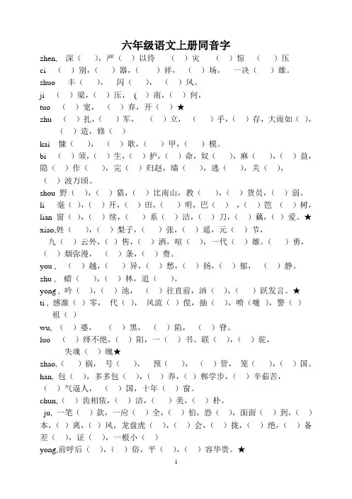 六年级下册同 音 字