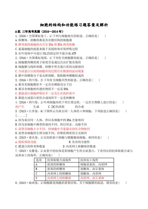 细胞的结构和功能练习题答案及解析