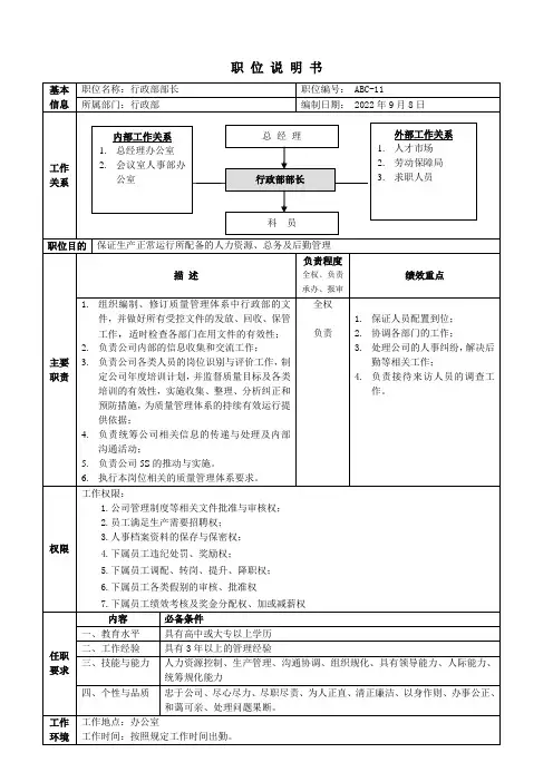 行政部部长职位说明书
