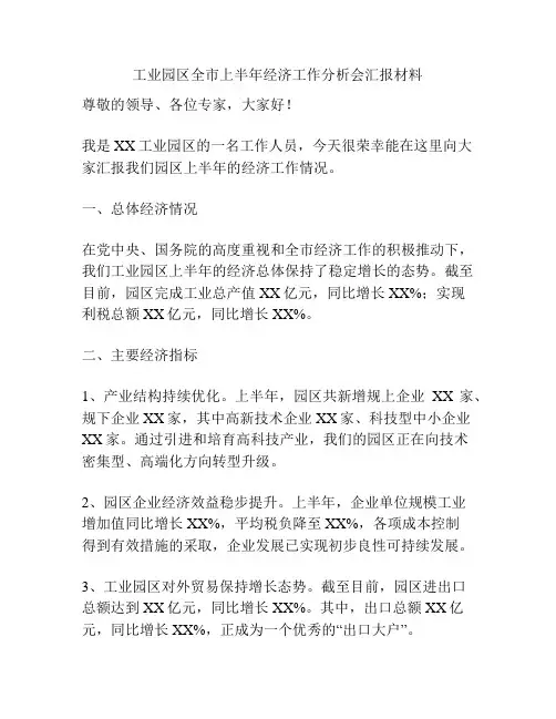 工业园区全市上半年经济工作分析会汇报材料