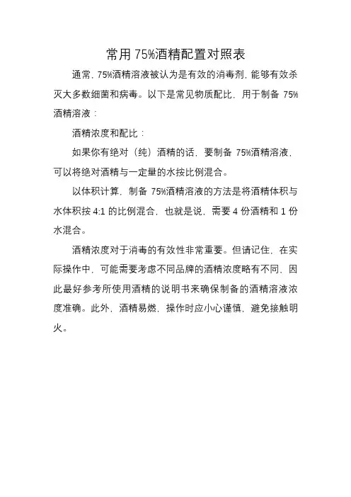 常用75%酒精配置对照表
