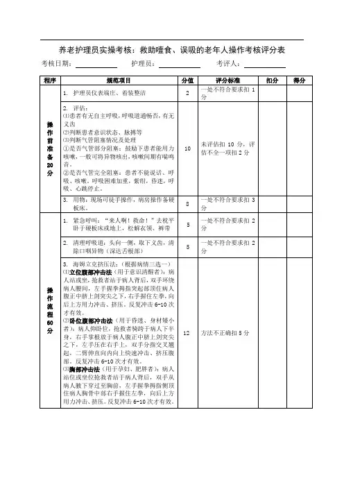 养老护理员培训考核：救助噎食、误吸的老年人操作评分表