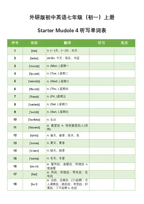 外研版初中英语七年级(初一)上册Starter Mudole 4听写单词表
