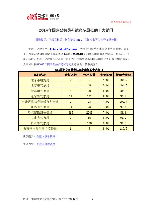 2014年国家公务员考试竞争最低的十大部门