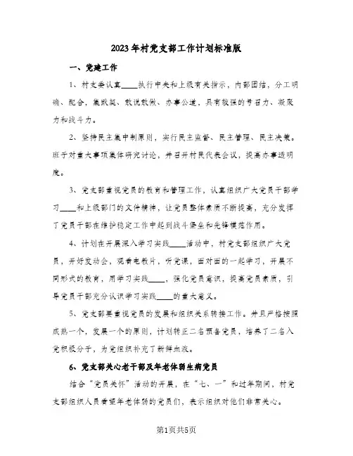 2023年村党支部工作计划标准版(2篇)