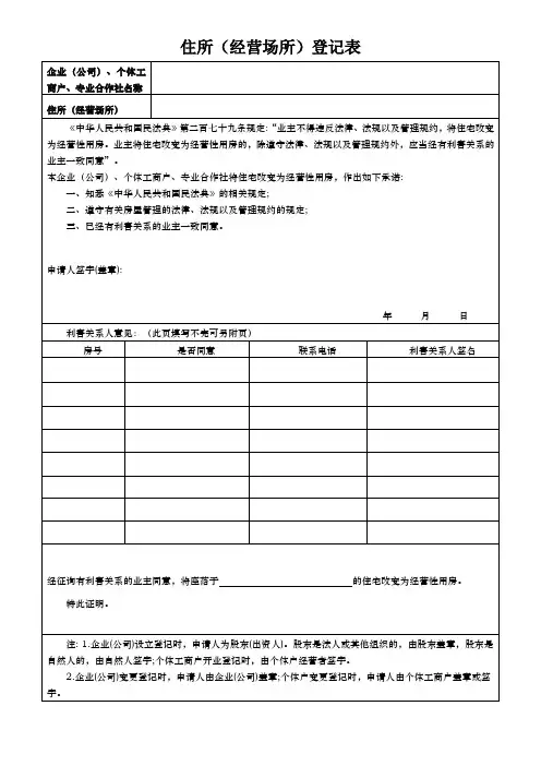 住所(经营场所)登记表