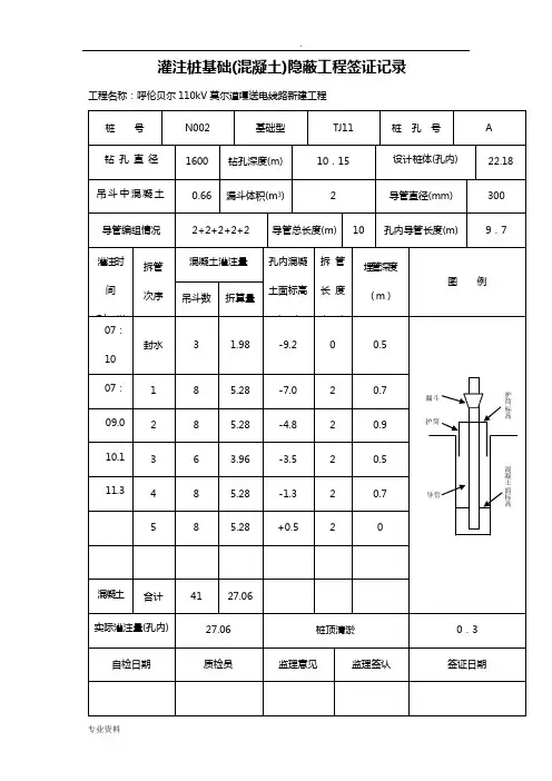 灌注桩基础(混凝土)隐蔽工程签证记录
