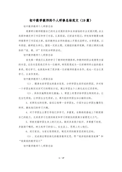 初中数学教师的个人研修总结范文(19篇)