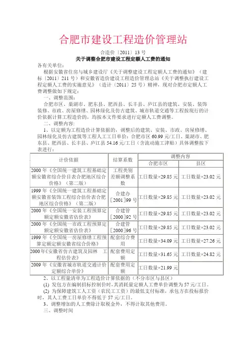 合肥市建设工程人工费调整文件