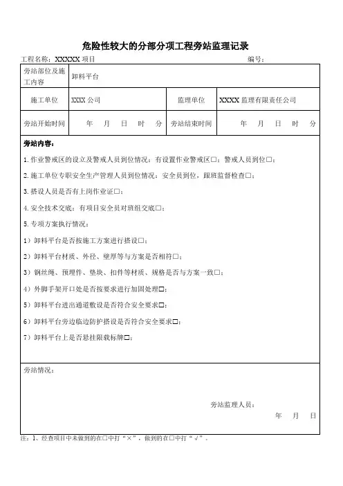 危险性较大的分部分项工程旁站监理记录 (卸料平台)