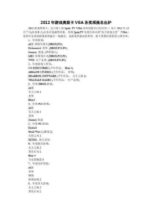 2012年游戏奥斯卡VGA各奖项提名名单