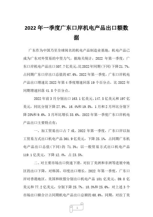 2022年一季度广东口岸机电产品出口额数据